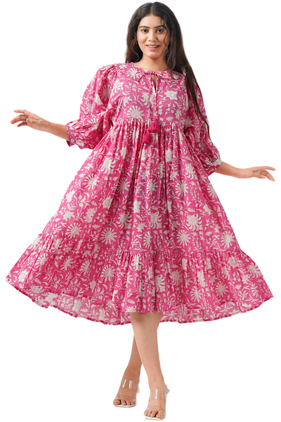 Fabricrush Hot Pink, Indian Hand Block Printed Cotton Dress for Summers, Wedding Dress, Comfort Wear, Maxi Dress, Daily Wear