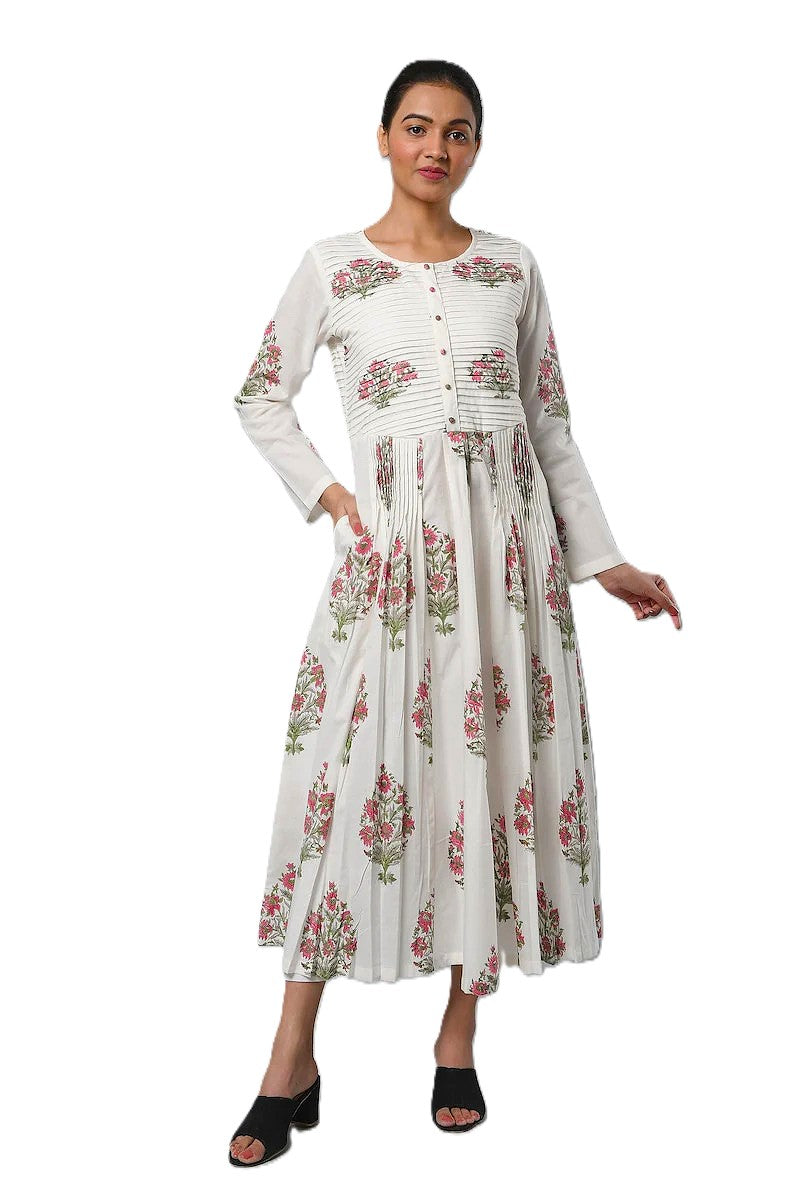 Fabricrush Long Sleeves Dress, Long Tunic With Pockets, Indian Hand Block Floral Printed dress