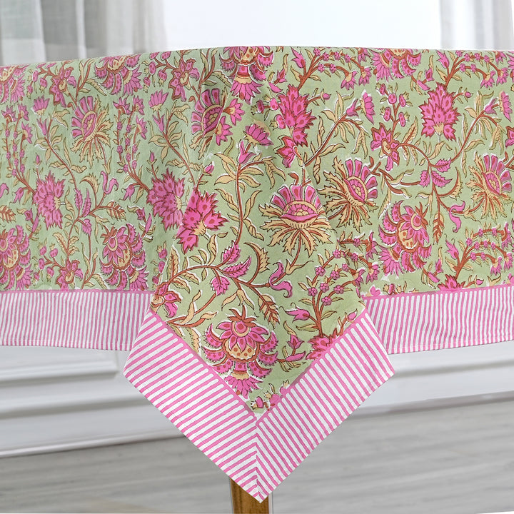 Hand block printed Pistachio Green tablelcoth - The Fabricrush - Image 1