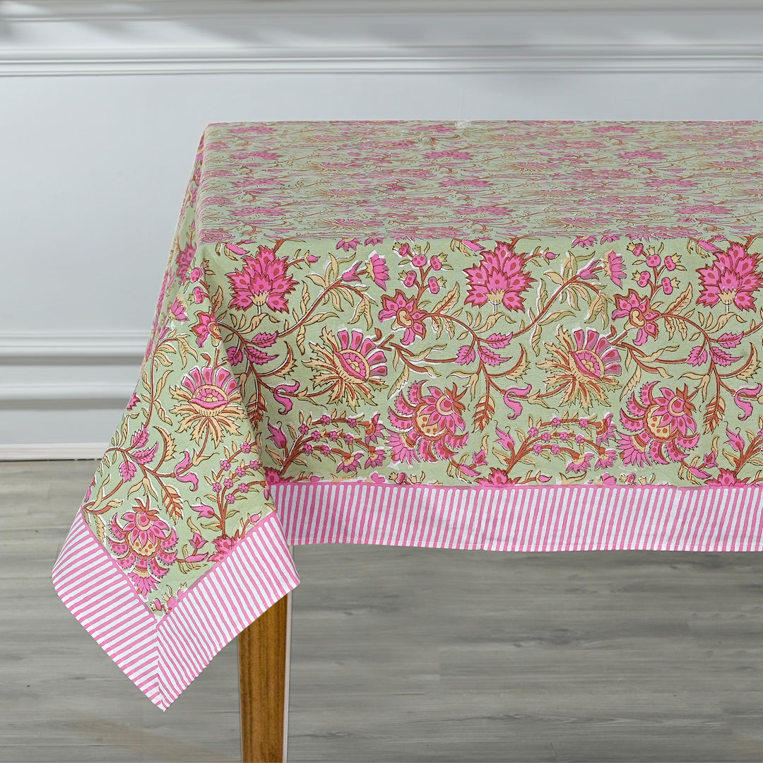 Fabricrush Tablecloth, Pistachio Green and Watermelon Pink Indian Hand Block Floral Printed Cotton Table Cover, Table Top, French Tablecloth, Wedding, Gift for her, gifts