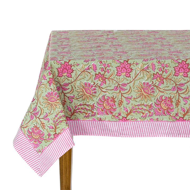 Fabricrush Tablecloth, Pistachio Green and Watermelon Pink Indian Hand Block Floral Printed Cotton Table Cover, Table Top, French Tablecloth, Wedding, Gift for her, gifts