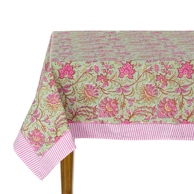 Fabricrush Tablecloth, Pistachio Green and Watermelon Pink Indian Hand Block Floral Printed Cotton Table Cover, Table Top, French Tablecloth, Wedding