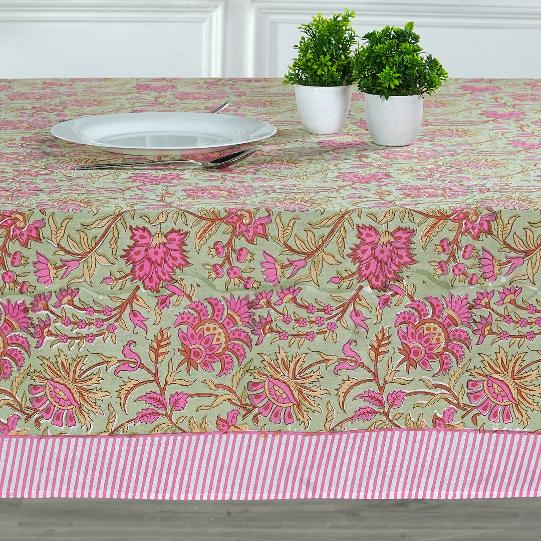 Fabricrush Tablecloth, Pistachio Green and Watermelon Pink Indian Hand Block Floral Printed Cotton Table Cover, Table Top, French Tablecloth, Wedding, Gift for her, gifts