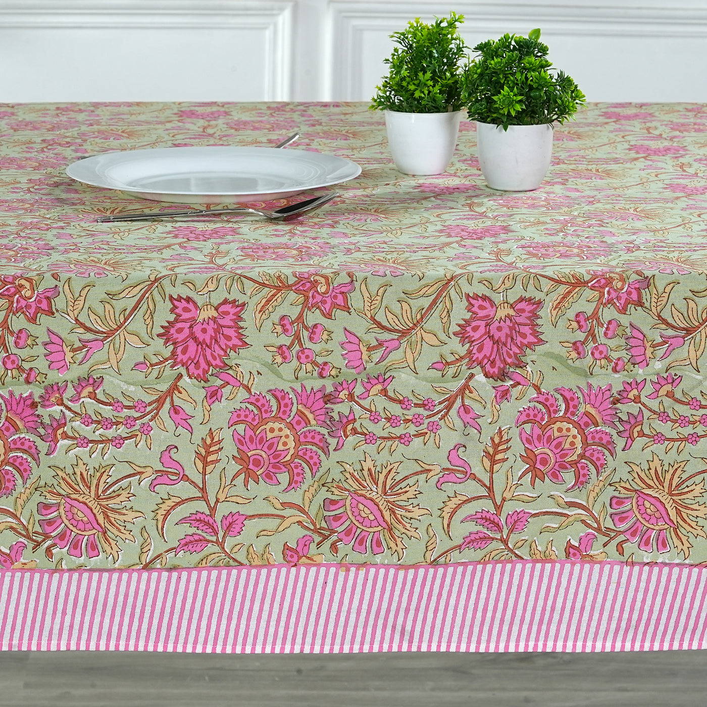 Fabricrush Tablecloth, Pistachio Green and Watermelon Pink Indian Hand Block Floral Printed Cotton Table Cover, Table Top, French Tablecloth, Wedding