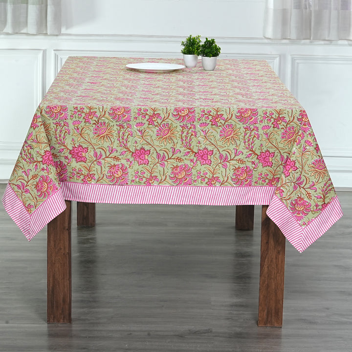 Fabricrush Tablecloth, Pistachio Green and Watermelon Pink Indian Hand Block Floral Printed Cotton Table Cover, Table Top, French Tablecloth, Wedding, Gift for her, gifts