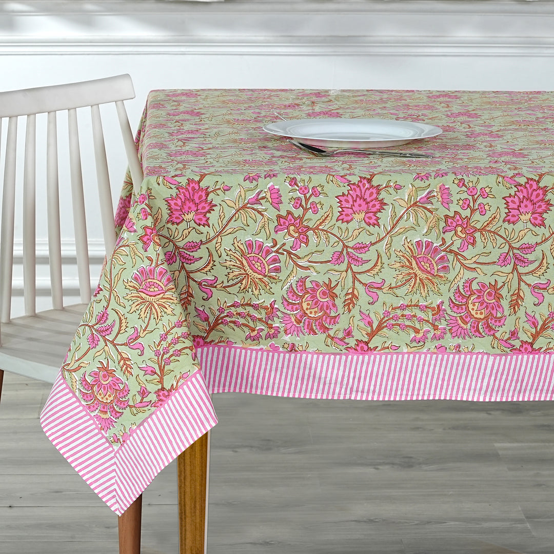 Fabricrush Tablecloth, Pistachio Green and Watermelon Pink Indian Hand Block Floral Printed Cotton Table Cover, Table Top, French Tablecloth, Wedding, Gift for her, gifts