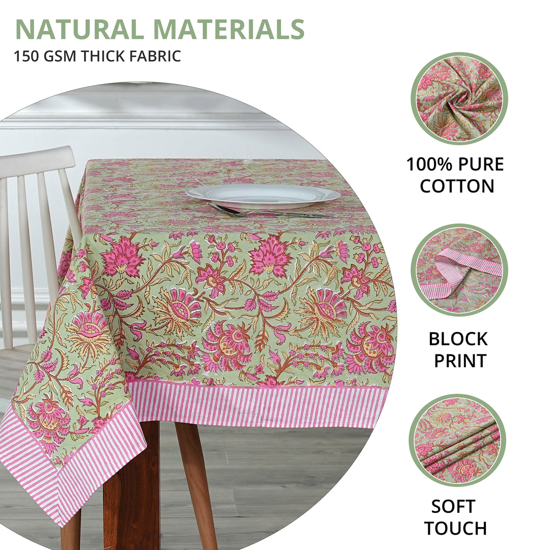 Fabricrush Tablecloth, Pistachio Green and Watermelon Pink Indian Hand Block Floral Printed Cotton Table Cover, Table Top, French Tablecloth, Wedding, Gift for her, gifts