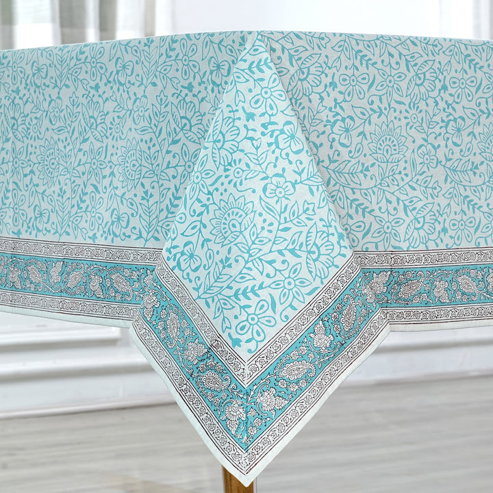 Fabricrush Tablecloth, Turquoise Indian Hand Block Floral Print Cotton Cloth Table Cover, French Cloth, Table Top, Home and Living, Kitchen and Dining, Gift for her, gifts, Valentine's day, Spring, Easter