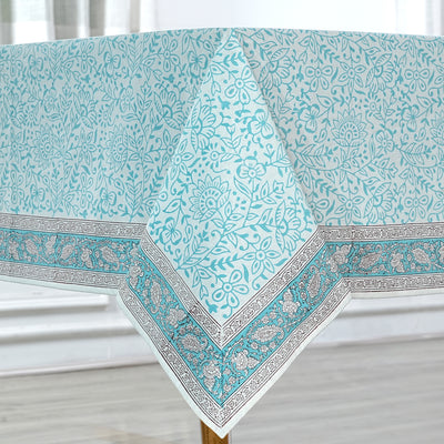 Fabricrush Tablecloth, Turquoise Indian Hand Block Floral Print Cotton Cloth Table Cover, French Cloth, Table Top, Home and Living, Kitchen and Dining