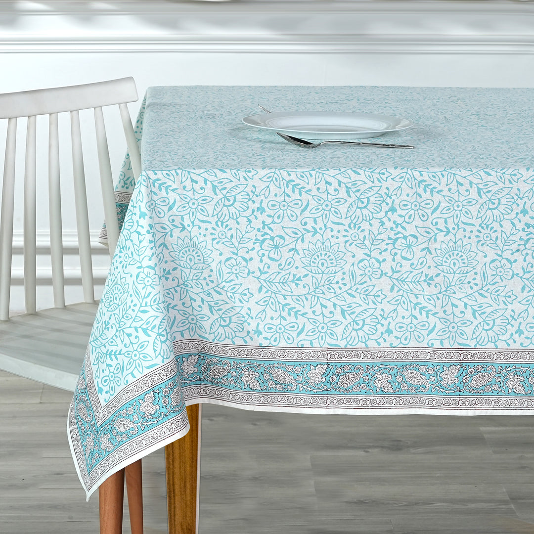 Fabricrush Tablecloth, Turquoise Indian Hand Block Floral Print Cotton Cloth Table Cover, French Cloth, Table Top, Home and Living, Kitchen and Dining, Gift for her, gifts, Valentine's day, Spring, Easter