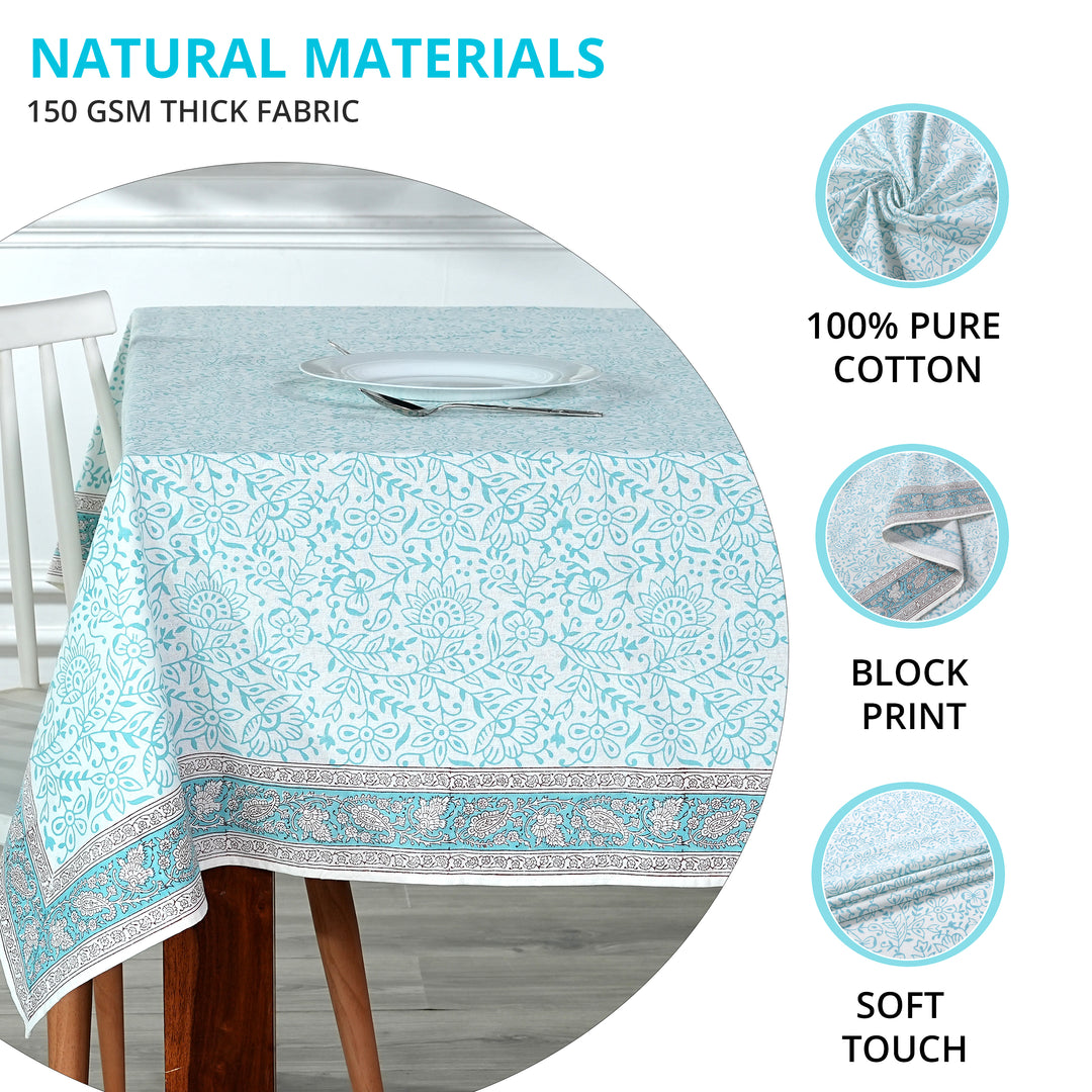 Fabricrush Tablecloth, Turquoise Indian Hand Block Floral Print Cotton Cloth Table Cover, French Cloth, Table Top, Home and Living, Kitchen and Dining, Gift for her, gifts, Valentine's day, Spring, Easter