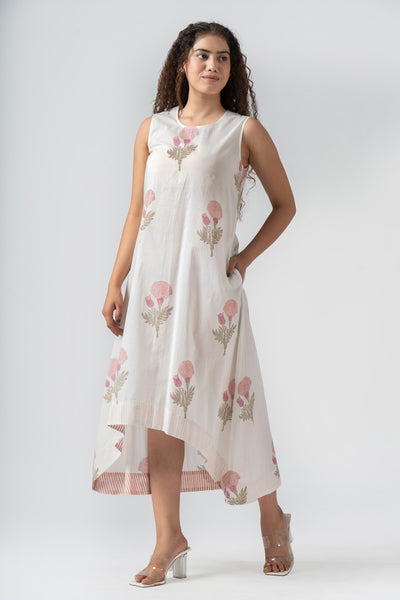 Fabricrush Salmon Pink Indian Hand Block Printed Cotton Dress for Summers, Wedding Dress, Comfort Wear, Maxi Dress, Daily Wear