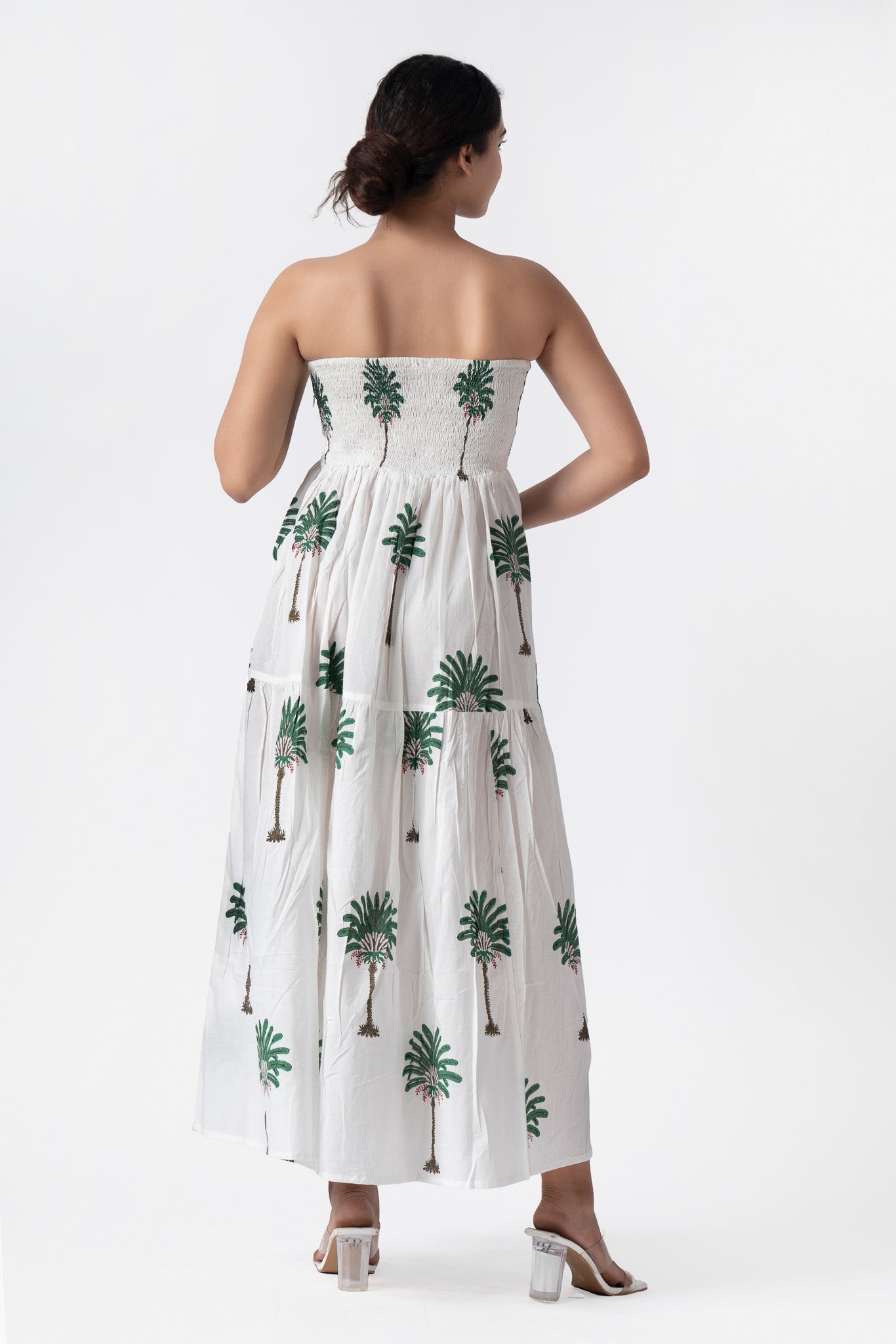 Fabricrush Tropical Palm Tree Printed Off-Shoulder Ankle-Length Dress with Chain Detail Gift for Her