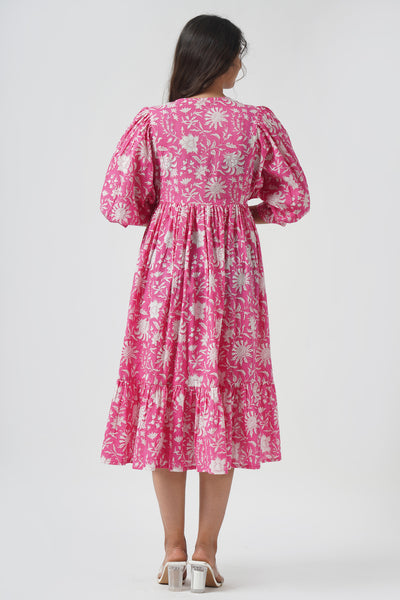 Fabricrush Hot Pink, Indian Hand Block Printed Cotton Dress for Summers, Wedding Dress, Comfort Wear, Maxi Dress, Daily Wear