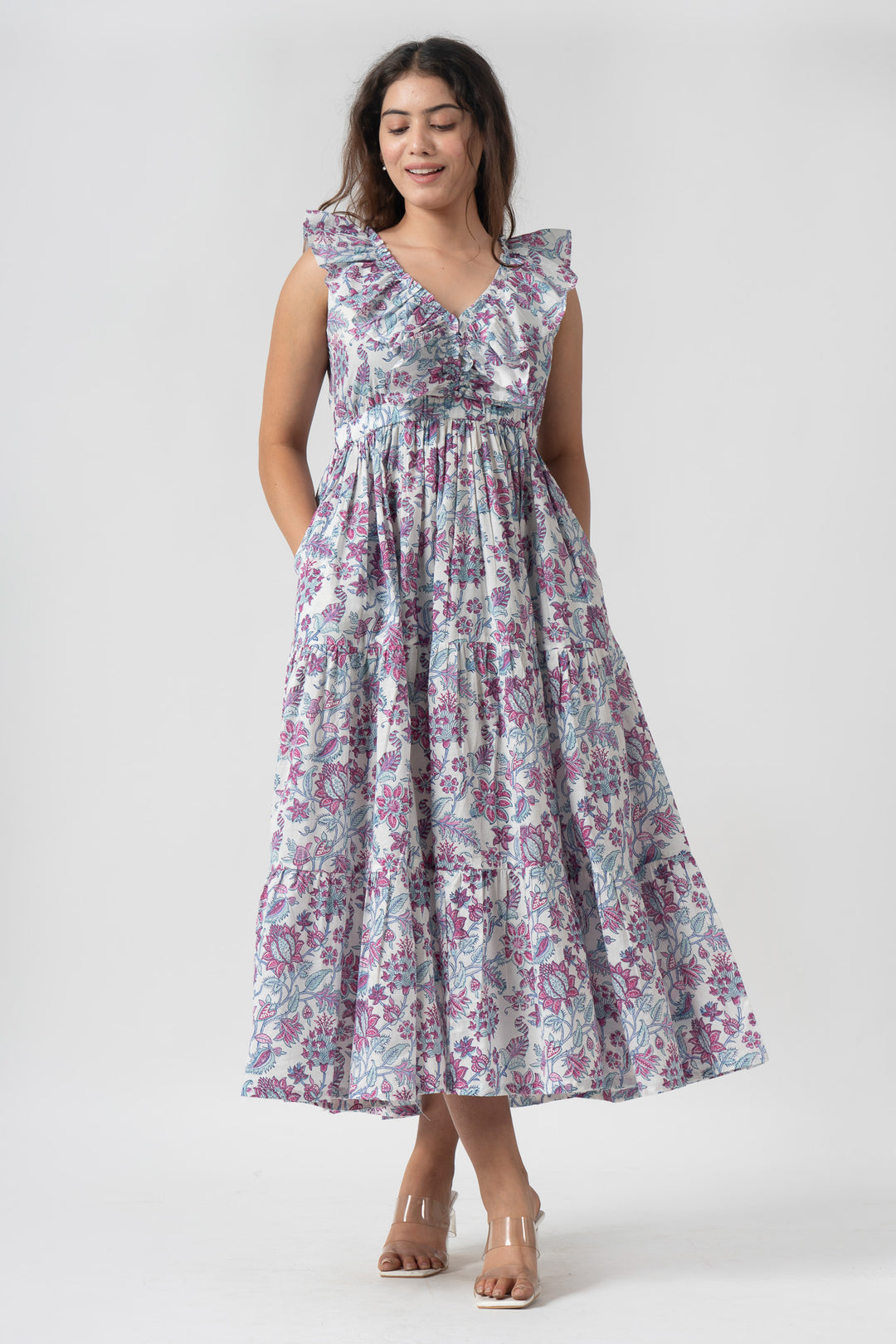 Boho Floral Ruffle Maxi Dress with Pockets