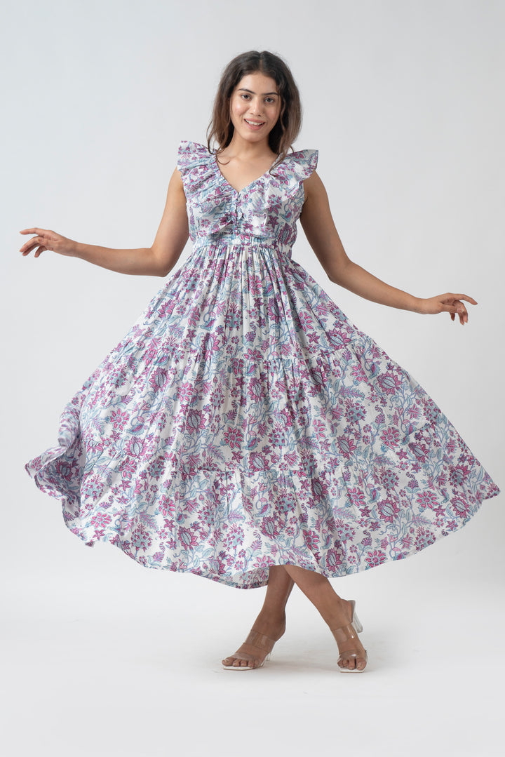 Boho Floral Ruffle Maxi Dress with Pockets
