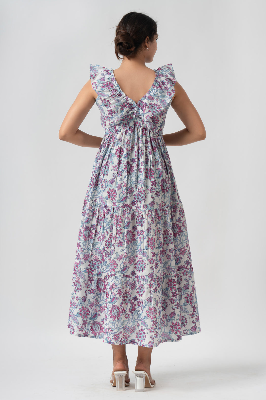 Boho Floral Ruffle Maxi Dress with Pockets