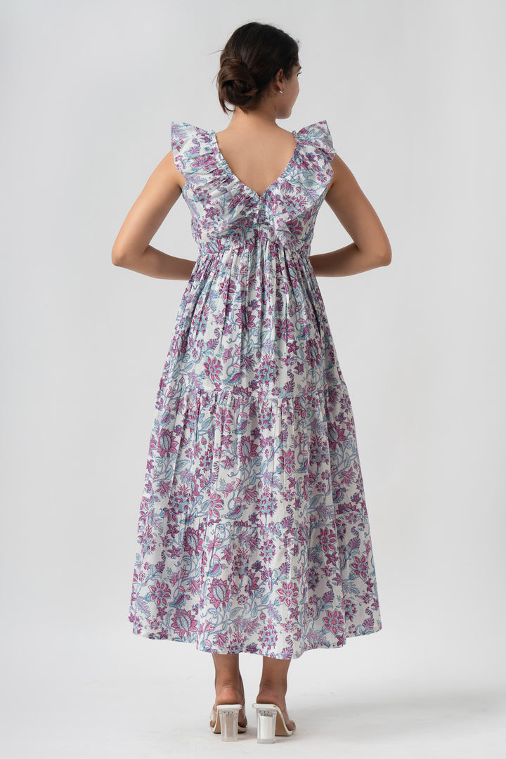 Boho Floral Ruffle Maxi Dress with Pockets