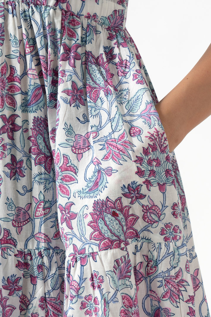 Boho Floral Ruffle Maxi Dress with Pockets