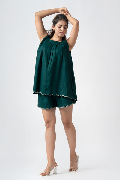 Fabricrush Green Linen Summer Dress CO-ORD Set with Embroidery Scallops, Ethnical Sustainable Sundress Women Mini Dress Sleeveless Top with Shorts