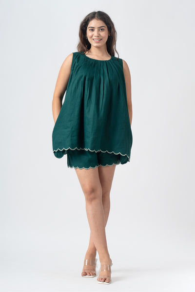 Fabricrush Green Linen Summer Dress CO-ORD Set with Embroidery Scallops, Ethnical Sustainable Sundress Women Mini Dress Sleeveless Top with Shorts