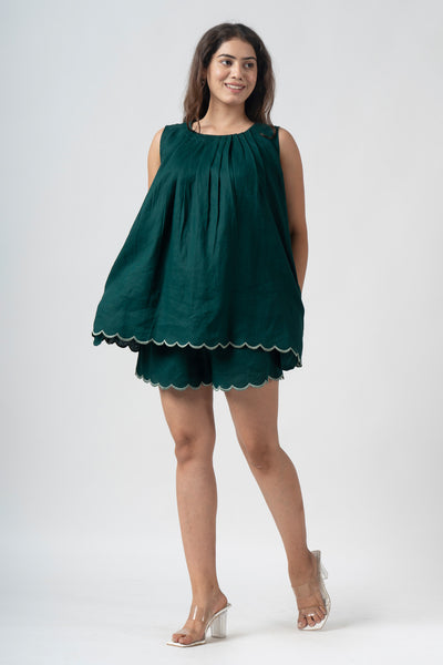 Fabricrush Green Linen Summer Dress CO-ORD Set with Embroidery Scallops, Ethnical Sustainable Sundress Women Mini Dress Sleeveless Top with Shorts