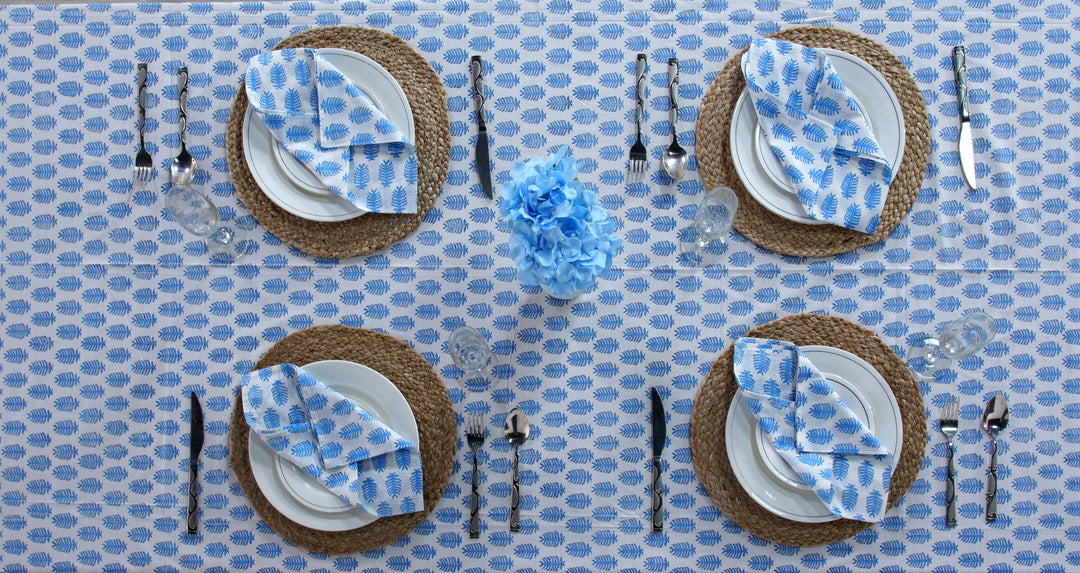 Cerulean Blue Leaf Print Tablecloth