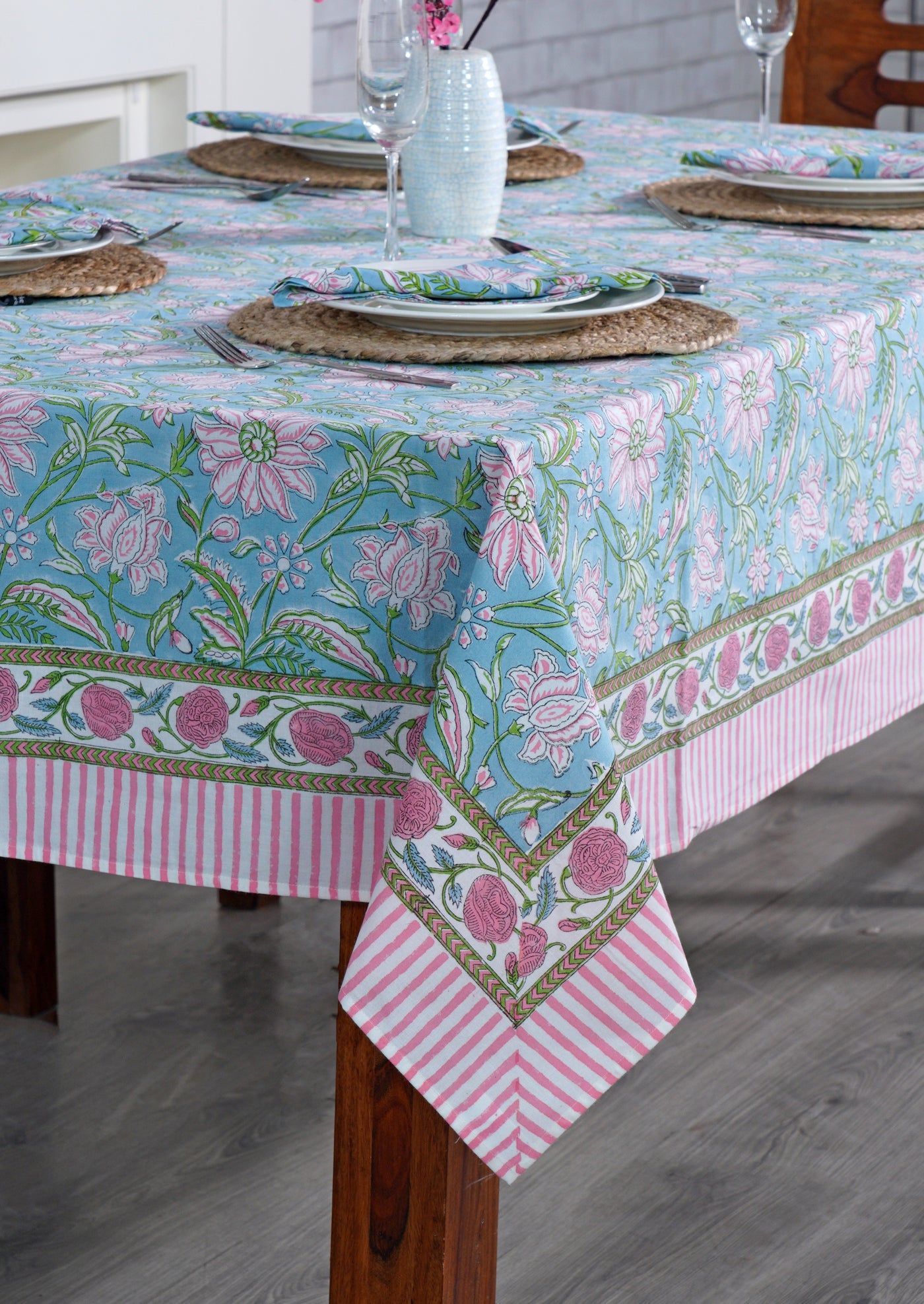 fabricrush Ice Blue, Kelly Green, Flamingo Pink Indian Hand Block Printed Tablecloth Table Cover Linen Set, Housewarming Gift, Farmhouse Wedding Decor