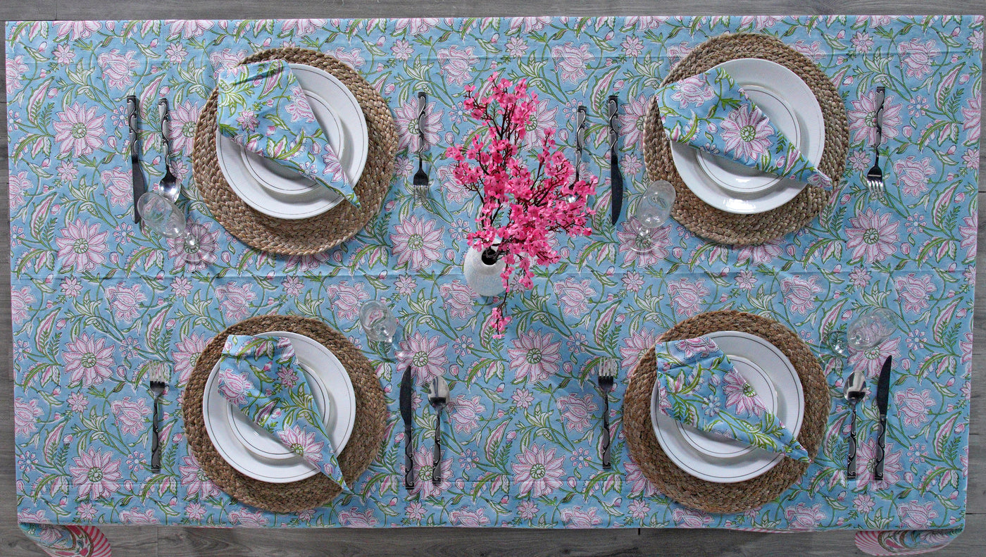 fabricrush Ice Blue, Kelly Green, Flamingo Pink Indian Hand Block Printed Tablecloth Table Cover Linen Set, Housewarming Gift, Farmhouse Wedding Decor