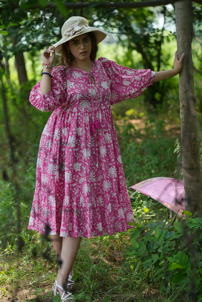 Fabricrush Hot Pink, Indian Hand Block Printed Cotton Dress for Summers, Wedding Dress, Comfort Wear, Maxi Dress, Daily Wear