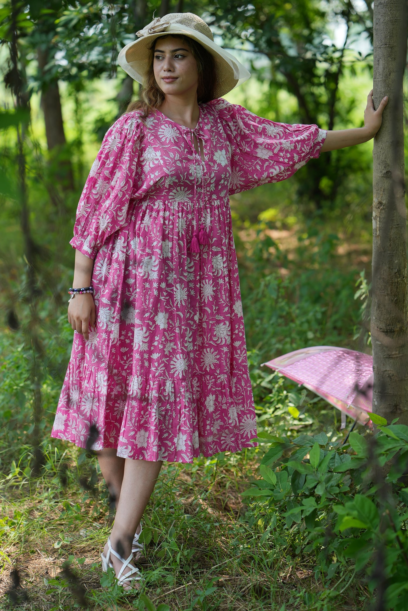 Fabricrush Hot Pink, Indian Hand Block Printed Cotton Dress for Summers, Wedding Dress, Comfort Wear, Maxi Dress, Daily Wear