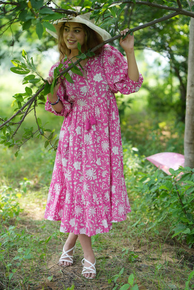 Fabricrush Hot Pink, Indian Hand Block Printed Cotton Dress for Summers, Wedding Dress, Comfort Wear, Maxi Dress, Daily Wear