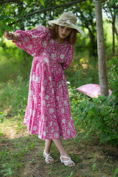 Fabricrush Hot Pink, Indian Hand Block Printed Cotton Dress for Summers, Wedding Dress, Comfort Wear, Maxi Dress, Daily Wear