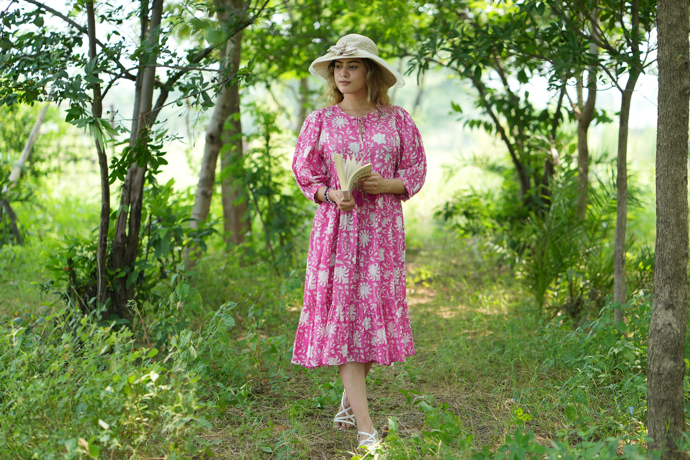 Fabricrush Hot Pink, Indian Hand Block Printed Cotton Dress for Summers, Wedding Dress, Comfort Wear, Maxi Dress, Daily Wear