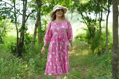 Fabricrush Hot Pink, Indian Hand Block Printed Cotton Dress for Summers, Wedding Dress, Comfort Wear, Maxi Dress, Daily Wear