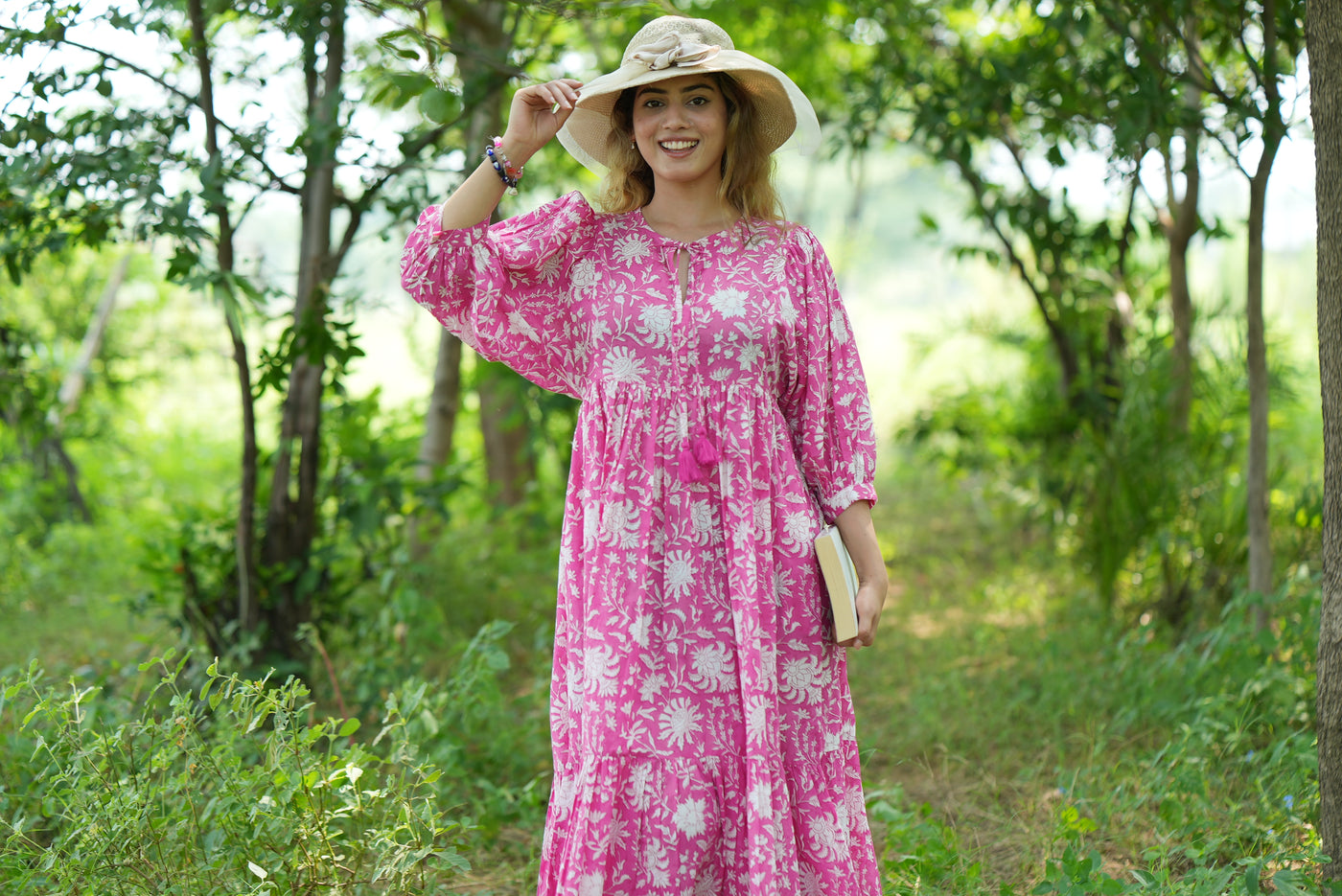 Fabricrush Hot Pink, Indian Hand Block Printed Cotton Dress for Summers, Wedding Dress, Comfort Wear, Maxi Dress, Daily Wear