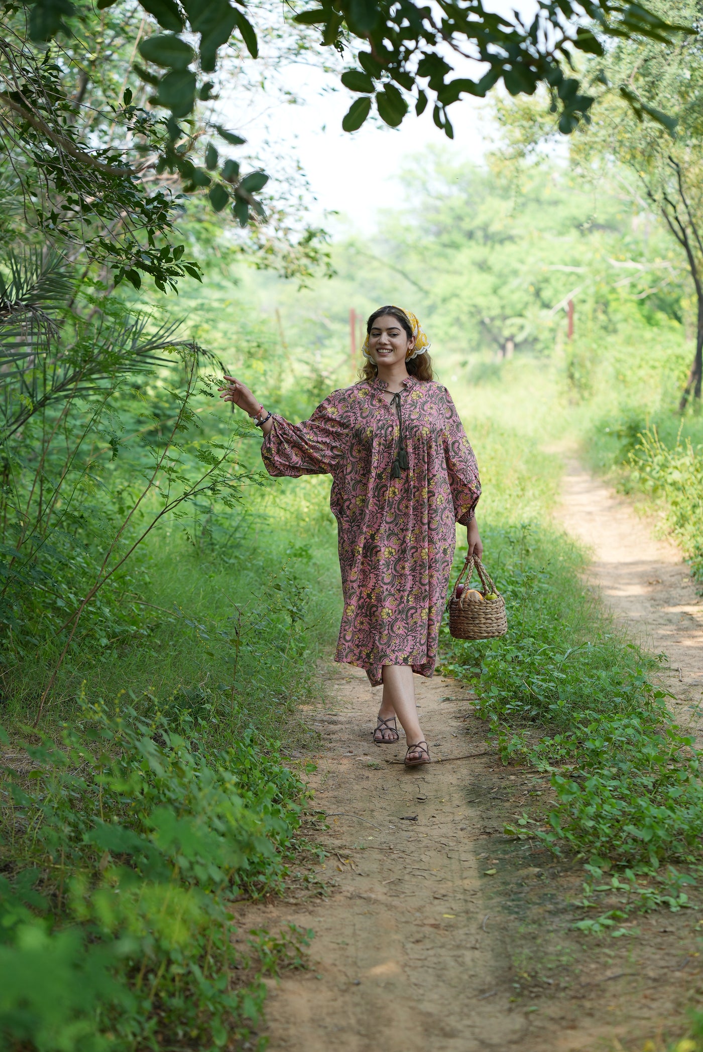 Fabricrush Ruddy Pink, Army Green Round Neck, Indian Hand Block Cotton Printed Party Wear Summer Dinner Party Cocktail dress