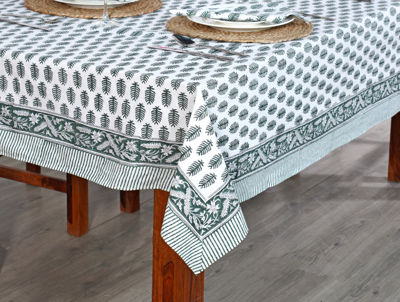 Fabricrush -Emerald Green Cotton Tablecloth, Handblock Print Floral Table Cloth for Kitchen Dining Linen I Thanksgiving, Christmas, Wedding, Fall Décor 4 Seater 60x60 Inches Square