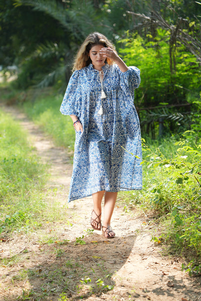 Fabricrush Dark Royal Blue, Indian Hand Block Printed Cotton Dress for Summers, Wedding Dress, Comfort Wear, Maxi Dress, Daily Wear