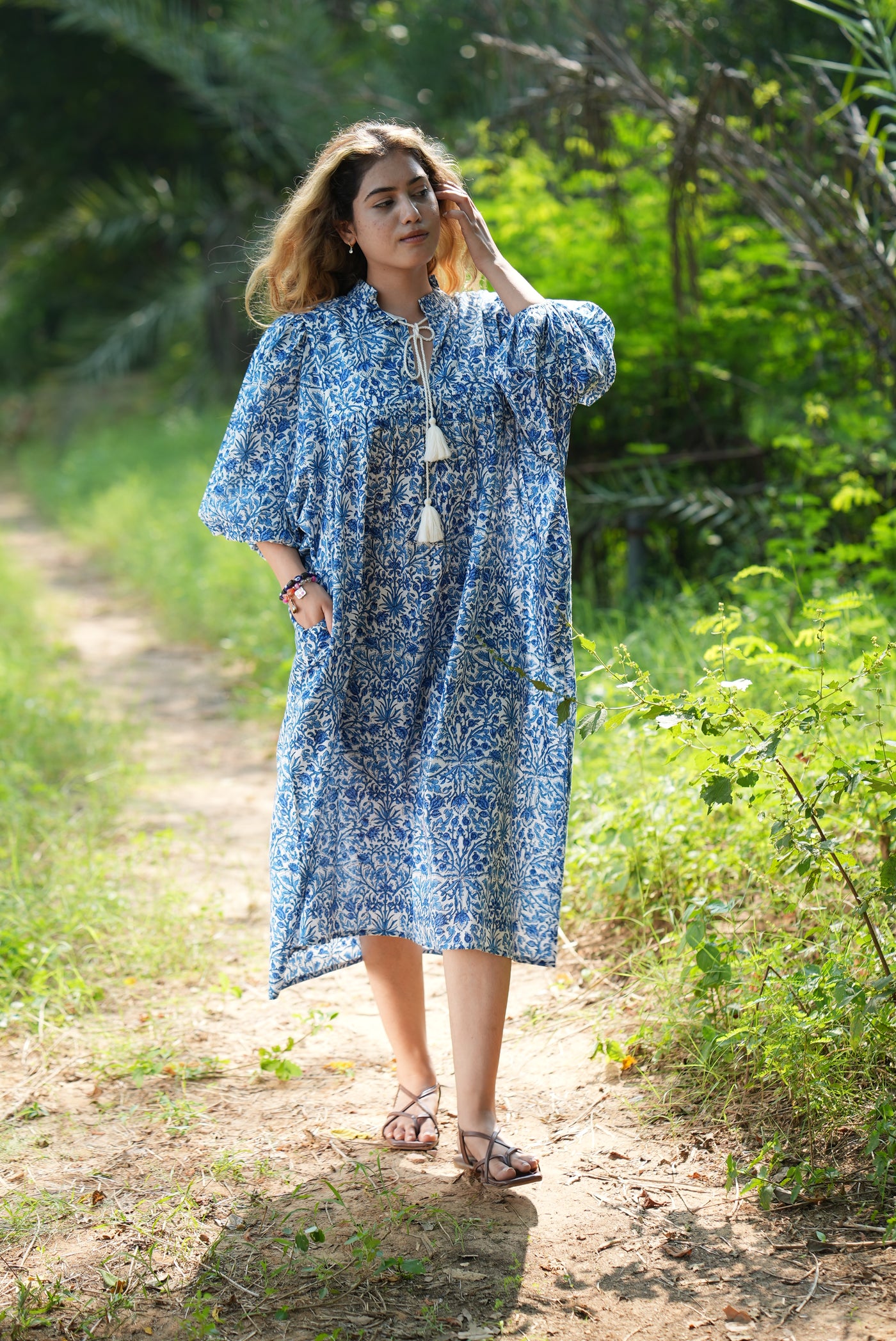 Fabricrush Dark Royal Blue, Indian Hand Block Printed Cotton Dress for Summers, Wedding Dress, Comfort Wear, Maxi Dress, Daily Wear