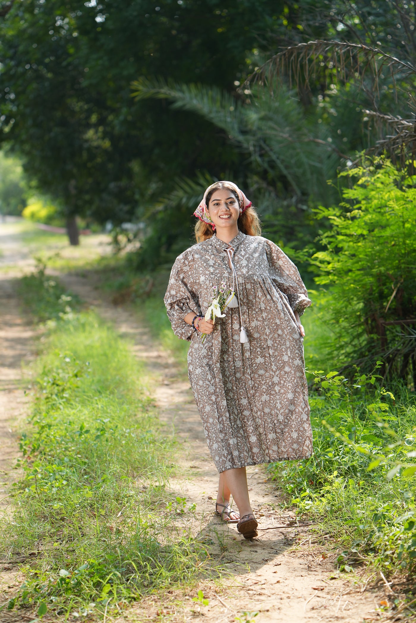 Fabricrush Taupe Indian Hand Block Printed Cotton Dress for Summers, Wedding Dress, Comfort Wear, Maxi Dress, Daily Wear