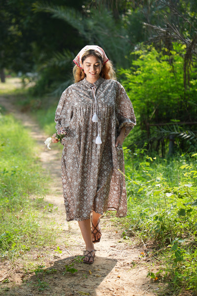 Fabricrush Taupe Indian Hand Block Printed Cotton Dress for Summers, Wedding Dress, Comfort Wear, Maxi Dress, Daily Wear