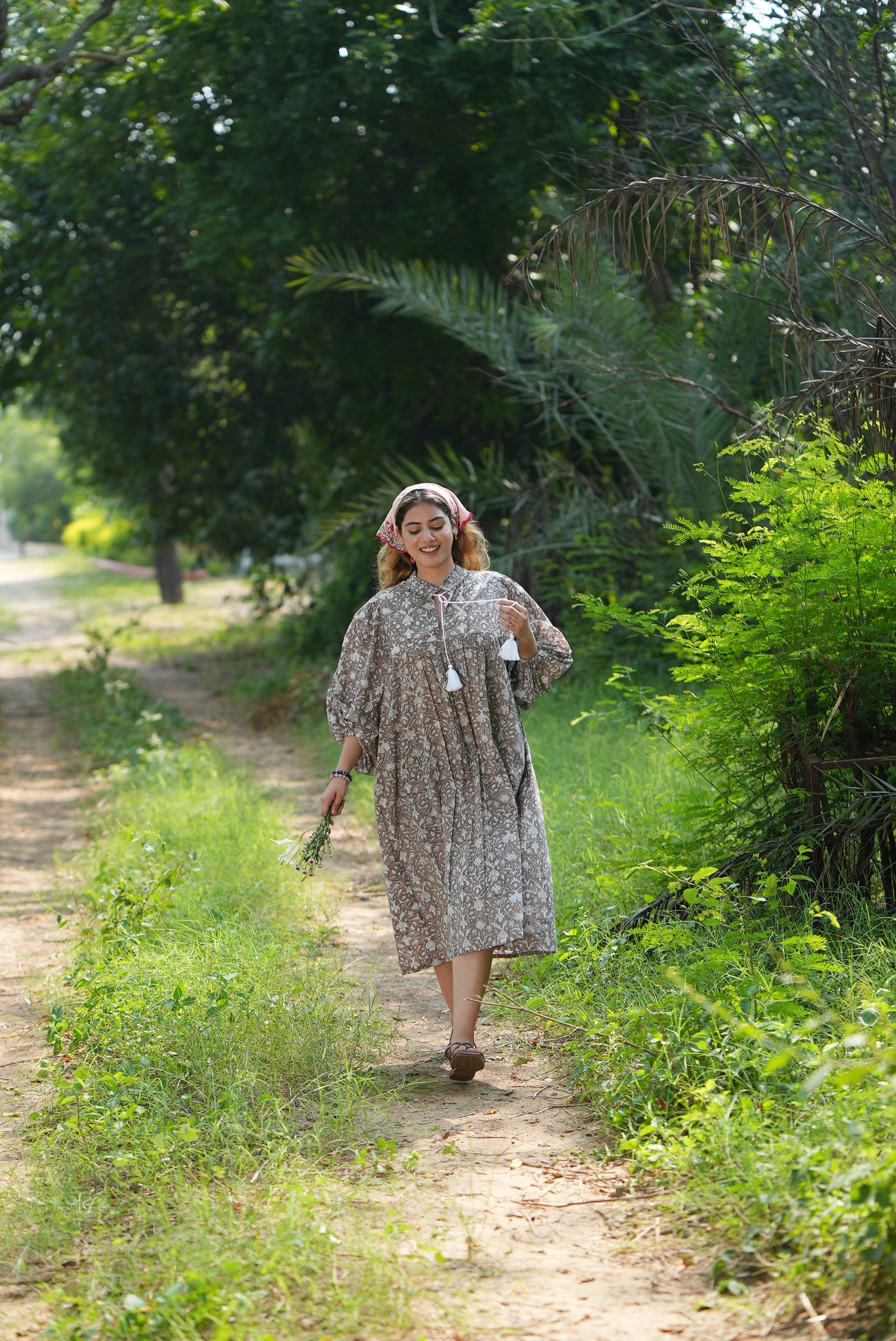 Fabricrush Taupe Indian Hand Block Printed Cotton Dress for Summers, Wedding Dress, Comfort Wear, Maxi Dress, Daily Wear