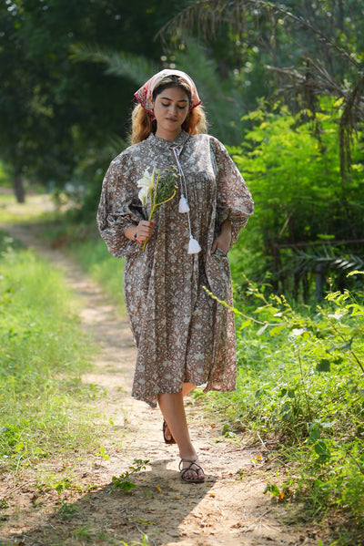 Fabricrush Taupe Indian Hand Block Printed Cotton Dress for Summers, Wedding Dress, Comfort Wear, Maxi Dress, Daily Wear