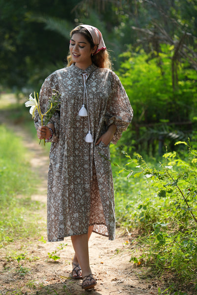 Fabricrush Taupe Indian Hand Block Printed Cotton Dress for Summers, Wedding Dress, Comfort Wear, Maxi Dress, Daily Wear