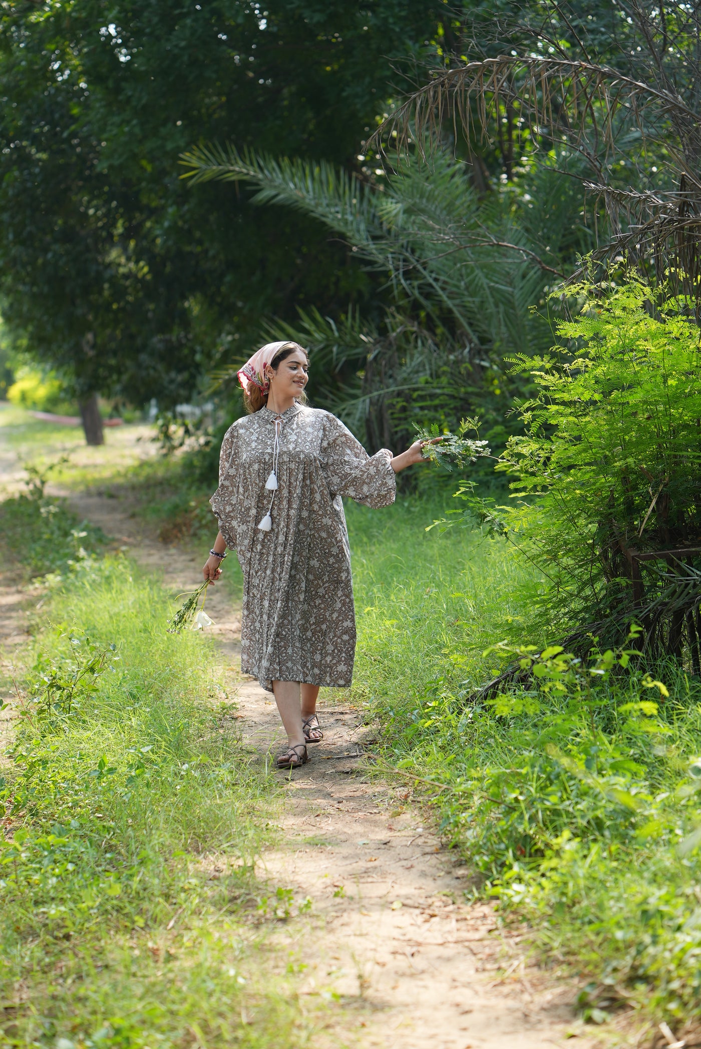 Fabricrush Taupe Indian Hand Block Printed Cotton Dress for Summers, Wedding Dress, Comfort Wear, Maxi Dress, Daily Wear