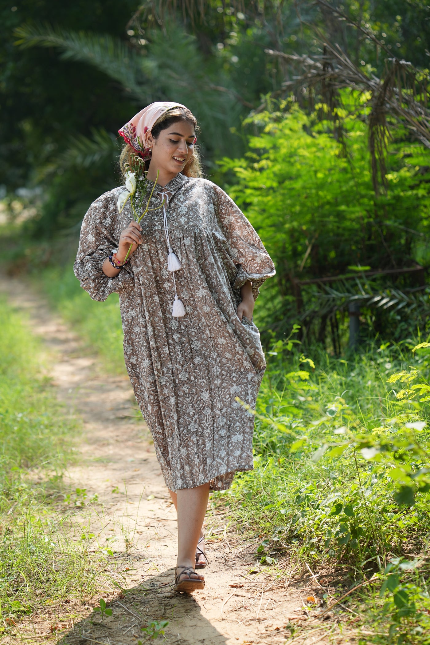 Fabricrush Taupe Indian Hand Block Printed Cotton Dress for Summers, Wedding Dress, Comfort Wear, Maxi Dress, Daily Wear