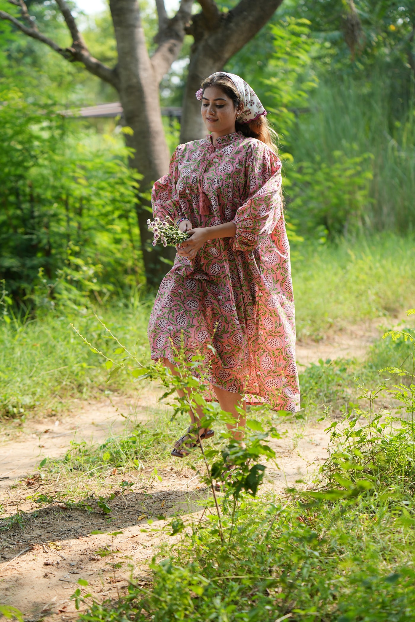 Fabricrush Strawberry Pink Indian Hand Block Printed Cotton Dress for Summers, Wedding Dress, Comfort Wear, Maxi Dress, Daily Wear