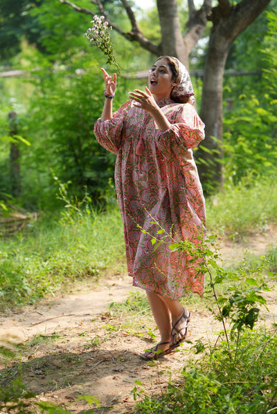 Fabricrush Strawberry Pink Indian Hand Block Printed Cotton Dress for Summers, Wedding Dress, Comfort Wear, Maxi Dress, Daily Wear