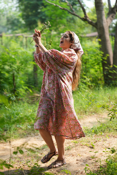 Fabricrush Strawberry Pink Indian Hand Block Printed Cotton Dress for Summers, Wedding Dress, Comfort Wear, Maxi Dress, Daily Wear